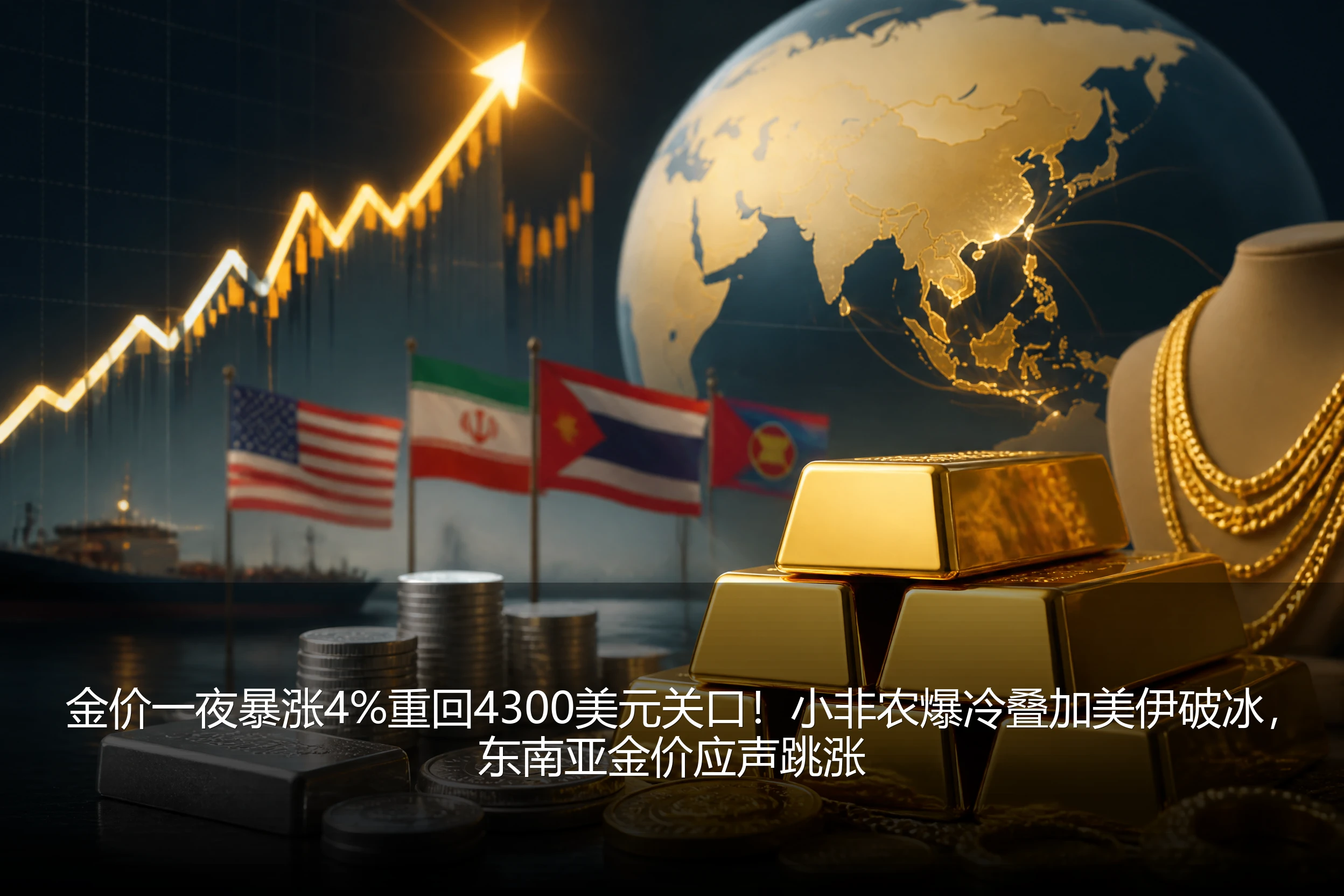 金价一夜暴涨4%重回4300美元关口！小非农爆冷叠加美伊破冰，东南亚金价应声跳涨