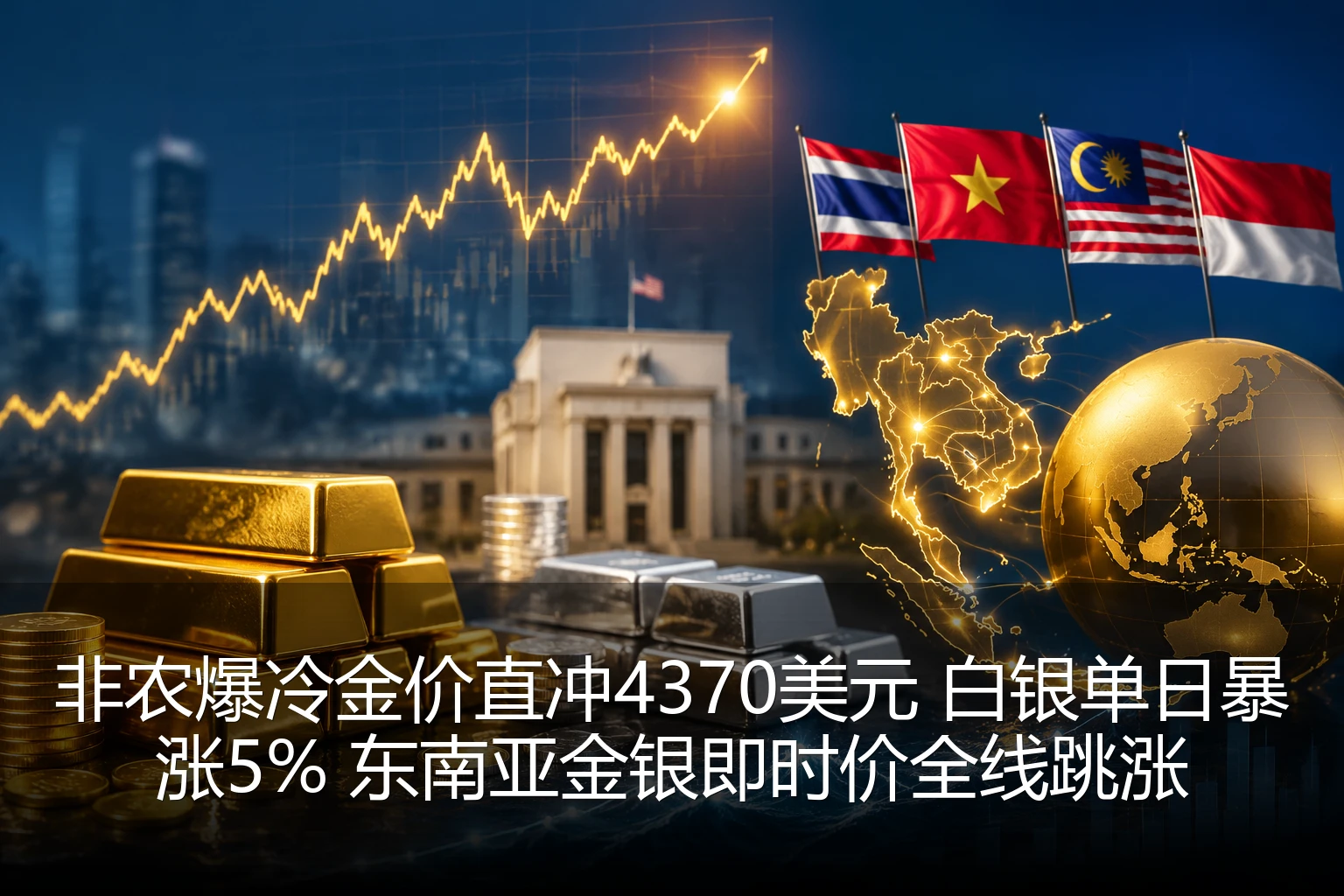 非农爆冷金价直冲4370美元 白银单日暴涨5% 东南亚金银即时价全线跳涨